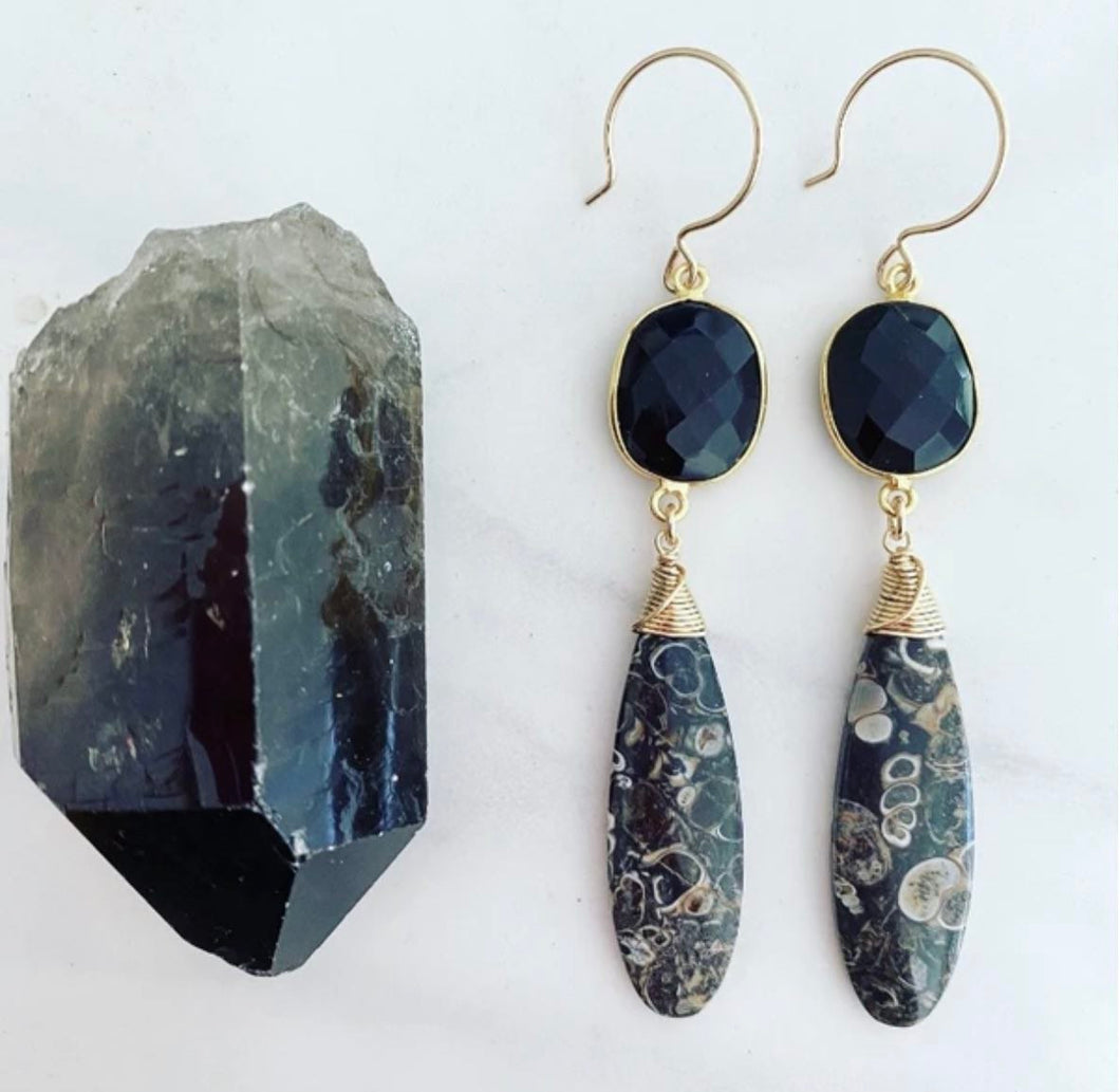 Turitella fossils from Wyoming with black onyx bezel; gold-fill earwires. 